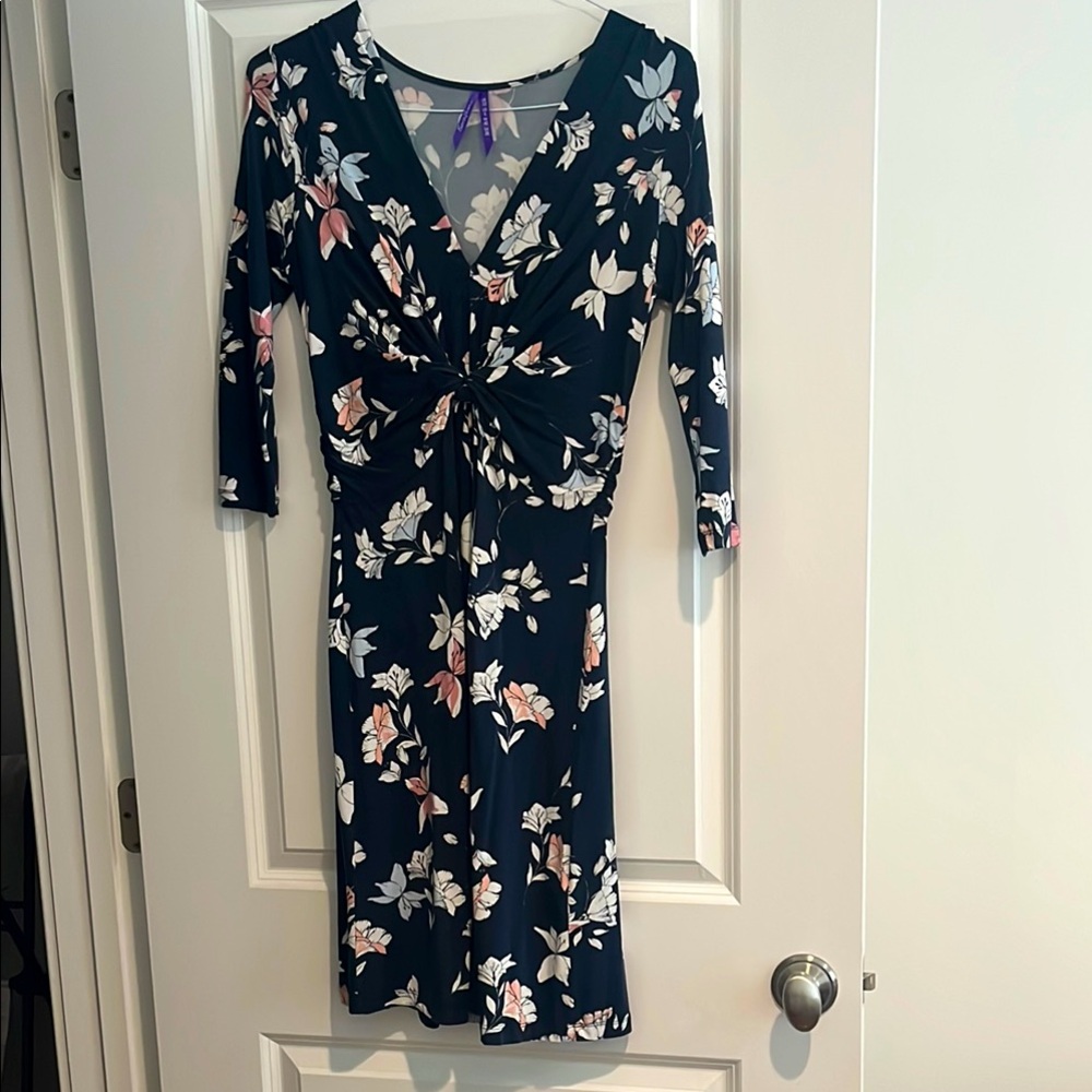 Seraphine Blue and Pink Sheath Dress V-Neck 3/4 Sleeve